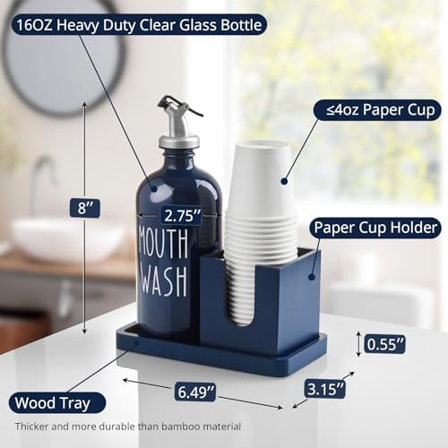 Glass Mouthwash Dispenser for Bathroom, 16 OZ Mouthwash Dispenser with Pour Spout and Wood Cup Holder and Tray, Mouth Wash Bottle Container, Farmhouse Kitchen Bathroom Decor and Accessories, Navy Blue - Image 3