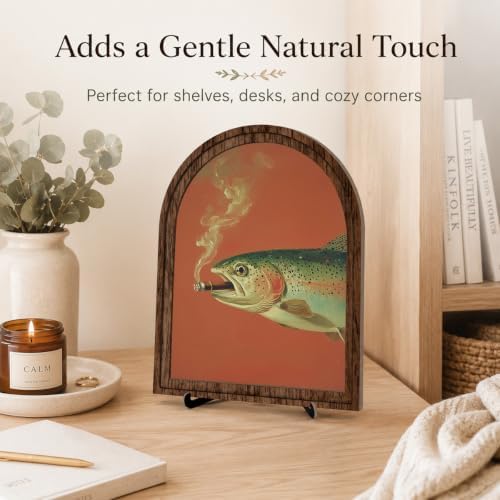 Vintage Wildlife Wood Tabletop Decor, Smoking Trout Arched Frame Wall Art - Image 2