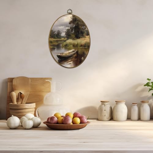 CUANFDDSF Vintage Rustic Lakeside Boat Oval Wall Art Decor, Farmhouse Country Wall Hanging Decor, Retro Countryside Landscape Framed Canvas Prints for Home Bedroom Living Room, 8.6x11.4 Inch - Image 5