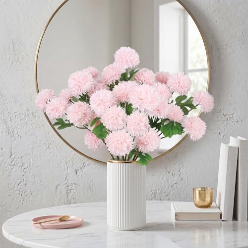 8PCS Pink 24 Heads 3" Large Chrysanthemum Artificial Flower Balls Stems - Image 2