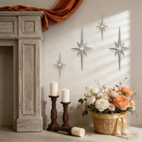 sxnzequnze 4 Pcs Star Wall Art for Home Decor Living Room Bedroom Office Metal 3D,Bling,with Hanging Hook Starburst Midcentury Sculpture Retro Gallery Accent Celestial -Silver 16.5in/9.4in - Image 3