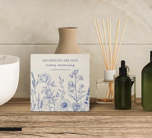 Ku-Dayi Blue and White Flowers Bible Verse Wooden Box Sign, Scripture Christian Wood Box Decorations for Church Home, His Mercies Are New Every Morning Wooden Block Plaque Desk Shelf Decor 5x5 Inch - Image 6