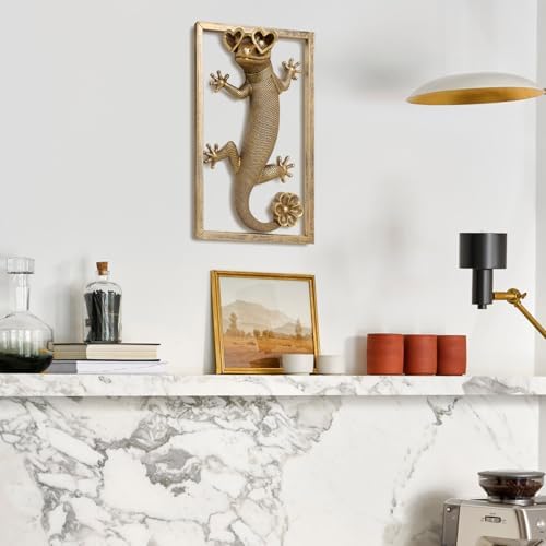 Newinhome Animal Heads Wall Decor (Includes Metal Frame) Resin Animals Sculptures Head Wall Hanging Decoration Gold vintage Wall Sculpture for Living Room Bedroom Office(Lizard) - Image 4