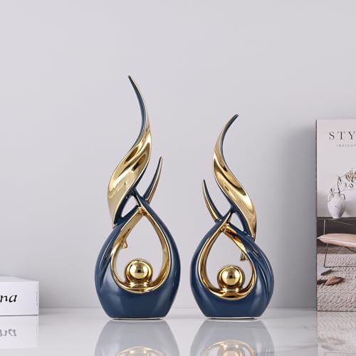 2 PCS Blue Gold Ceramic Statues For Home Decor Accents, Modern Abstract Art Sculptures, Elegant Tabletop Decorative Objects For Dining Room, Entryway, Tv Stand, Mantel, Coffee Table Centerpieces - Image 3