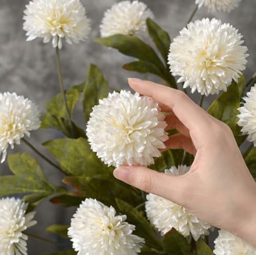 6 Pcs Large Faux Flowers Pompon Mums for Vase, 27" Fake Flowers Branches - Image 2
