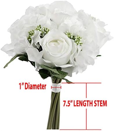 Admired By Nature Artificial Rose Hydrangea Flowers Bouquet, 9 Stems Faux Wedding Bouquet for Bride Bridesmaid, Centerpieces Floral Arrangement Home Decoration GPB8359-WHITE, White - Image 2