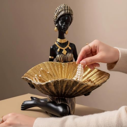 Lescafita African Lady Decorative Bowl Statue Black Gold Figurine - Image 2
