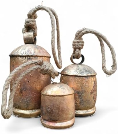 Set of 3 Metal Christmas Bells for Decoration Rustic Brass Gold Large Bell Cow Hanging by SiddhivinayakOverseas