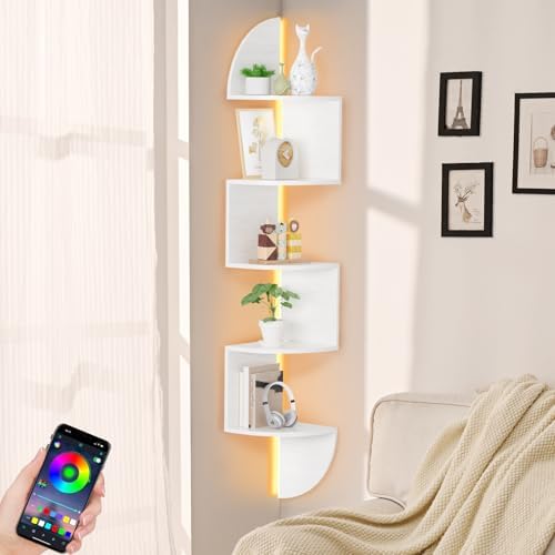 Waipfaru Corner Shelf, 5 Tier Bookshelf with LED Light, Corner Shelf Wall Mounted, Floating Shelves for Wall, Display Stand for Bedroom, Living Room, Bathroom, Home, Office, White by Waipfaru