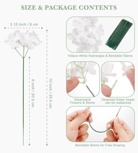 100Pcs White Hydrangea Artificial Flowers Bulk,Faux Silk Hydrangea Flowers - Image 3