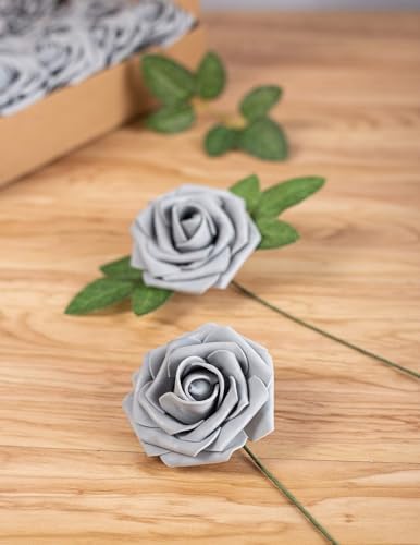 Artificial Flower Foam Rose 25pcs Real Looking Fake Rose with Stems Leaves for Home Decoration Party Garden Centerpieces DIY Wedding Bouquets（Grey） - Image 2