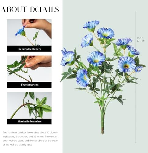 Blue Artificial Morning Glory Flowers for Outdoor Planters, Premium UV Resistant Silk Faux Flowers for Porch, Hanging Basket & Window Box, Lifelike Floral Arrangement, No Pot 13.3“ 8 Bundles - Image 2