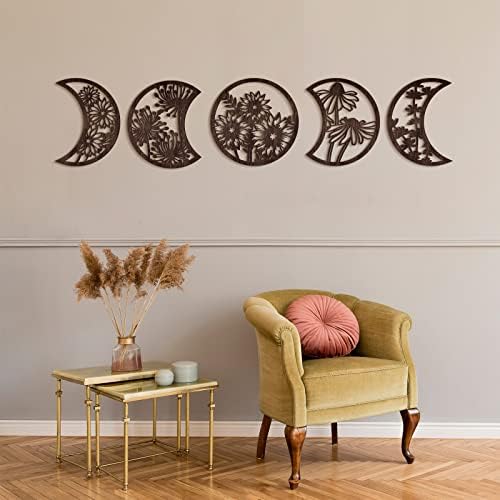Jetec 5 Pcs Moon Phases Wall Art Decor, Wooden, Brown, 10.6 Inch, Flower - Image 7