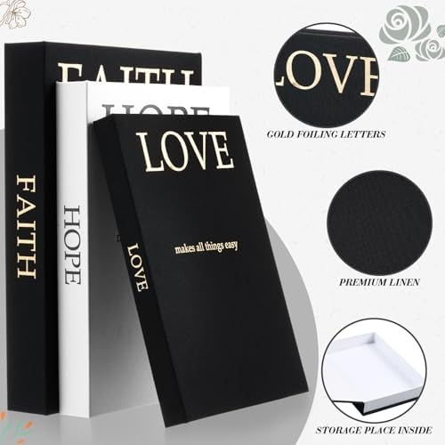 Faccito 3 Set Linen Decorative Books with Beaded Garland, Classic, Black - Image 3