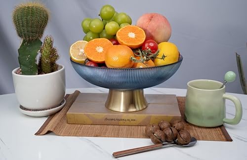 Round Glass Decorative Bowl (Blue), 9.8 Inches Handblown Striped Design Glass Bowl with Rust Resistant Metal Base,Decor Fruit Bowl for Home Decor,Table Centerpiece,Kitchen Island and Dining Decor - Image 4