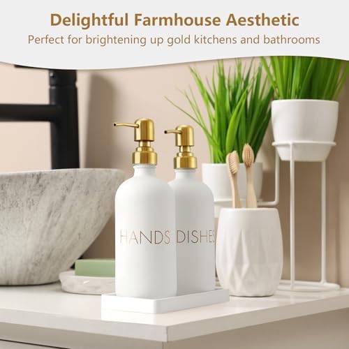 Glass Dish and Hand Soap Dispenser Set - Kitchen Soap Dispenser with Tray and Stainless Steel Pump - for Modern Gold Kitchen Decor and Accessories - Image 5