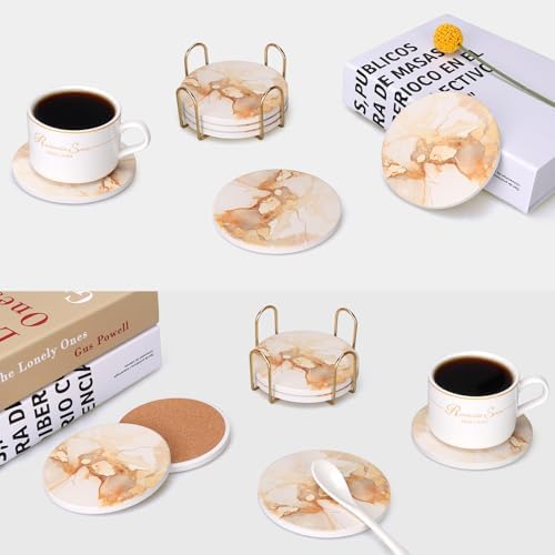 6 Pcs Gold Marble Abstract Ceramic Coasters with Holder for Coffee Table - Image 7