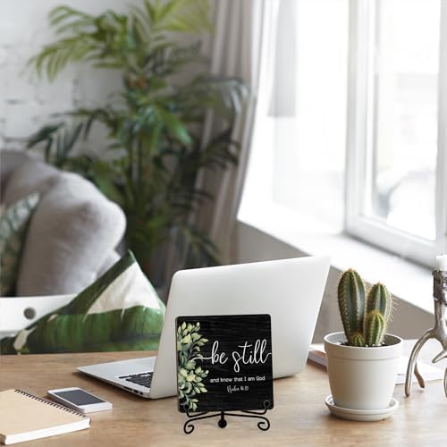Inspirational Christian Desk Decor, Be Still And Know That I Am God Sign, Desk Decorations For Office Home Living Room Bathroom, Eucalyptus Shelf Decor, Wooden Plaque With Stand (01) - Image 5