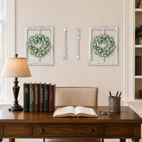 WAKOSAN Rustic Wood Window Frame Wall Decor with Wreath & Arrows, Set of 2 - Image 4