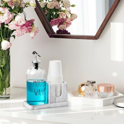 Glass Mouthwash Dispenser for Bathroom, 16 OZ Mouthwash Dispenser with Pour Spout and White Washed Wood Cup Holder and Tray, Mouth Wash Bottle Container, Rustic Kitchen Bathroom Decor and Accessories - Image 7