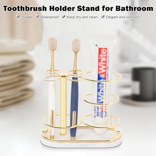 Toothbrush Holder Stand for Bathroom, Metal Toothbrush Organizer with Marble Base, Toothbrush Storage Collection for Family, Suitable for Home Hotel Countertop Vanity (Medium, Gold) - Image 5