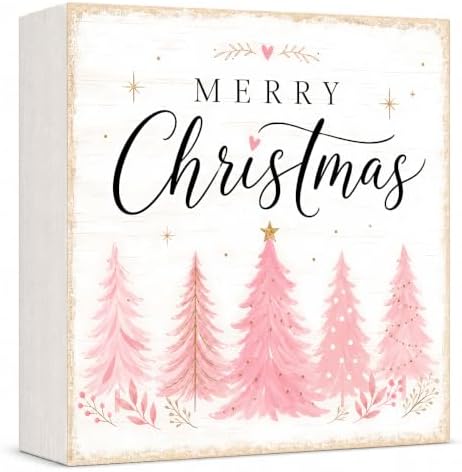 Christmas Decorations Pink Pine Tree Merry Christmas Wood Box Sign by GUDIO