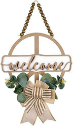 CondorPasea 12 Inch Round 3D Welcome Door Sign, 0.4" Thick Solid Wood Front Door Welcome Sign with Artificial Greenery, Buffalo Plaid Bow & Rustic Beads, Farmhouse Porch Home Décor, Hanging Welcome Home Sign by CondorPasea