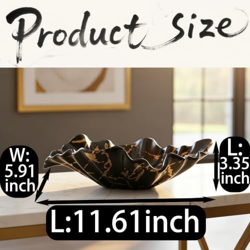 12" Large Decorative Bowl decor, Modern Home Decoration Scallop Bowl,Fashion Key Bowl for Entrance Table, Decorative Fruit Bowl for Kitchen Counter, Ruffle Decor, Marble Black - Image 3