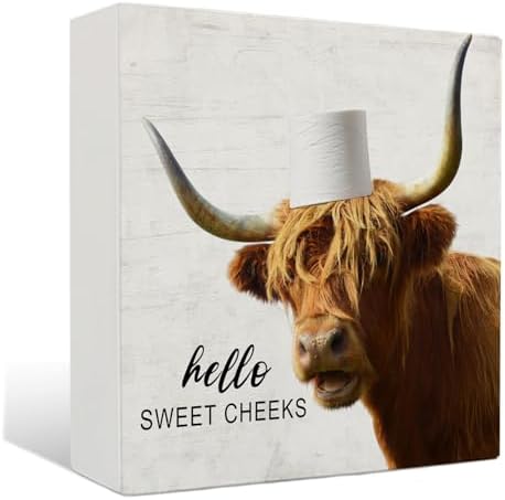 Highland Cow Bathroom Decor - Hello Sweet Cheeks Bathroom Decor, Rustic Highland Cow Western Wood Sign, 5 X 5 Inches by Unknown