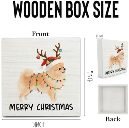 Pomeranian Merry Christmas Wooden Box Sign Desk Decor, Pomeranian Gifts, Holiday Christmas Dog Wood Block Sign for Home Bedroom Office Desk Table Shelf Wall Decorations, 5x5 Inch - Image 6