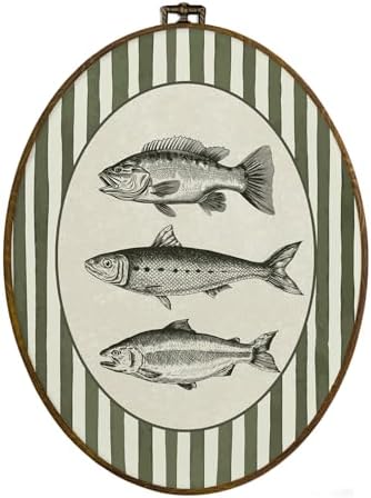 dvhdajed Vintage Fishing Hunting Oval Wall Art Decor, Wood land Cabin Lake Fish Framed Canvas Art, Farmhouse Fish Decorations, Rustic Green Striped Wall Hanging Decor for Boys Room Bedroom, 8.7x11.3 by dvhdajed