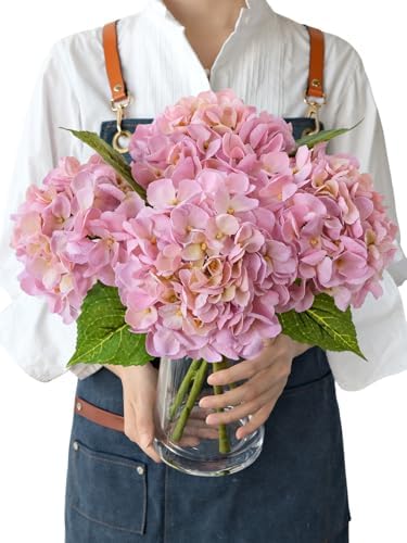 JINWOE Light Pink Real Touch Artificial Hydrangeas, 4PCS 21" Latex Lifelike Hydrangea Artificial Flowers for Decoration, Faux Vintage Silk Fake Flowers for Centerpieces Tables Party Outdoor Home by JINWOEArtificialFlowers