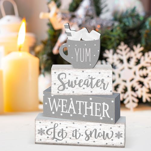 Marsui 4 Pcs Winter Table Decorations Wooden Let It Snow Tiered Tray Decor - Image 5