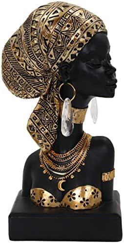 Lescafita African Lady Bust Sculpture with Golden Headwrap – Resin Figurine with Earrings and Necklace, Modern African Woman Statue for Home Decor and Cultural Gift by LESCAFITA