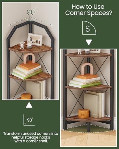 CHOEZON 3-Tier Corner Shelf, Industrial Corner Bookshelf, 35.4" Storage Stand, Plant Stand Display Shelf, Bookcase for Bedroom, Living Room, Home Office, Rustic Brown and Black TCJ03BF - Image 3