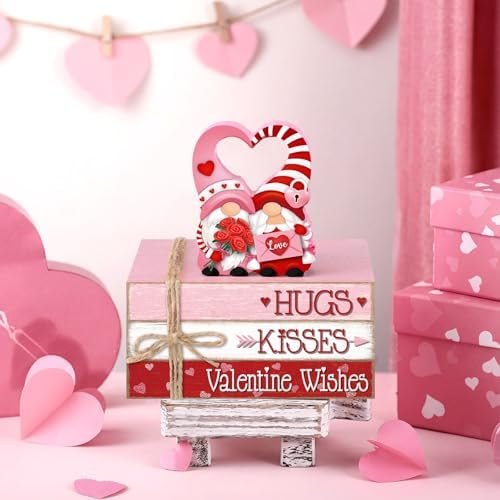 Geelin 4 Pcs Valentine Day Gnome Table Decoration Wooden Book Stack Signs - Image 6