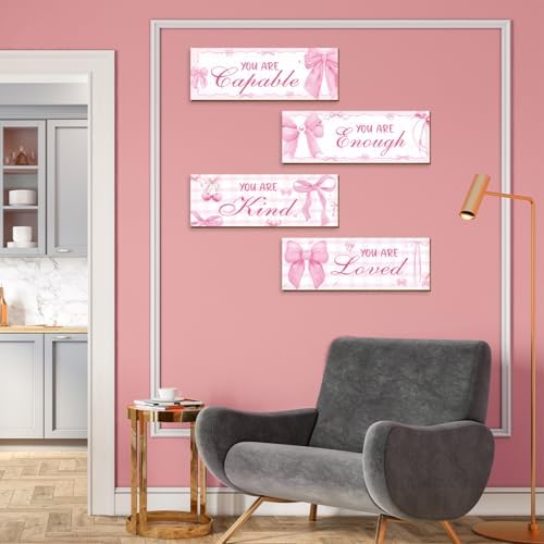 4 Pcs Pink Bow Wall Decor, Pink Room Decor for Teen Girls, Inspirational Positive Affirmations Wooden Wall Art Decor, Coquete Wall Hanging Signs for Bathroom Apartment - Image 7