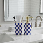 Bathroom Toothbrush Holder Set, Ceramic Checkered Soap Dispenser and Tooth Brush Holder Set, Modern Bathroom Accessories Sets Countertop, Black and White Checkered Bathroom Decor Set (Blue) - Image 5