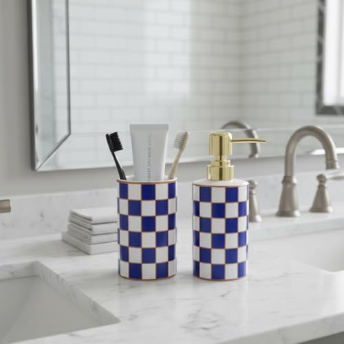 Bathroom Toothbrush Holder Set, Ceramic Checkered Soap Dispenser and Tooth Brush Holder Set, Modern Bathroom Accessories Sets Countertop, Black and White Checkered Bathroom Decor Set (Blue) - Image 5