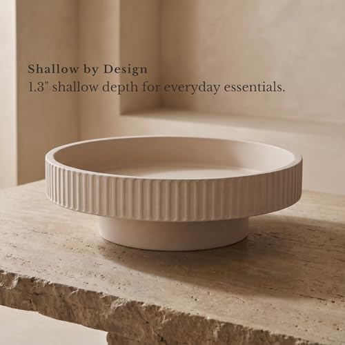 JUPTR Concrete Fruit Bowl (12") – Shallow Fluted Pedestal Decorative Centerpiece Bowl for Table, Entryway Catch-All & Modern Home Decor – Heavyweight Stone Bowl (Beige) - Image 2