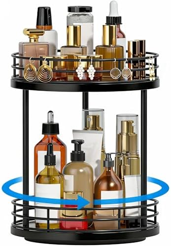 2-Tier Rotating Bathroom Countertop Organizer, Wooden Makeup Vanity Storage, Multifunctional Lazy Susan Turntable for Skincare, Perfume and Cosmetics (Black) by Yelinkws