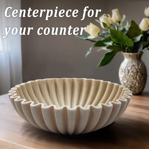LIN CHUAN Ruffle Decorative Bowl, Large Fruit Bowl, Artificial Stone Beige - Image 2