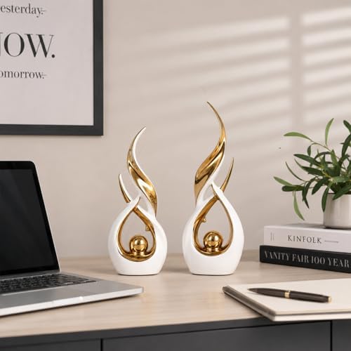 2 PCS White Gold Ceramic Statues For Home Decor Accents, Modern Abstract Art Sculptures, Elegant Tabletop Decorative Objects For Dining Room, Entryway, Tv Stand, Mantel, Coffee Table Centerpieces - Image 5