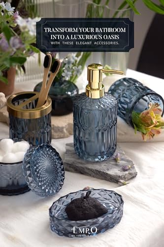 EMPO 6PCS Bathroom Clear Glass Accessories Set (Lotion Soap Dispenser, Soap Dish, Toothbrush Holder, Tumbler, Cotton Swab Jar), Contemporary Modern Decor Crystal Vintage Gift (6pcs Blue) - Image 2