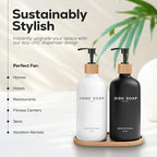 Luxury Glass Hand and Dish Soap Dispenser Set by Brighter Barns - Kitchen Soap Dispenser Set with Tray - Bamboo Pump Bottle for Kitchen Sink - Boho Home Decor, Modern Decor in Restaurant (Black/White) - Image 2