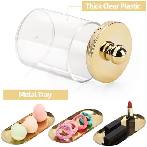 Tbestmax 2 Pack Qtip Holder with Gold Tray, 10oz Plastic Canister Apothecary Jar for Cotton Swabs, Balls, Pads, Floss Picks - Clear Bathroom Essentials Accessories Decor - Image 3