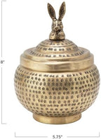 Round Hammered Metal Container with Rabbit Finial, Brass Finish - Image 2