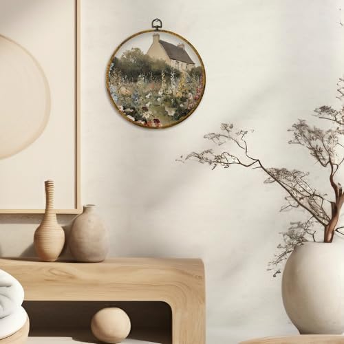CUANFDDSF Vintage Cottagecore Farmhouse Round Wall Art, Rustic Countryside Garden Framed Hanging Wall Decor, Retro Country Landscape Canvas Prints Decorations for Home Bedroom Living Room, 10x10 Inch - Image 2