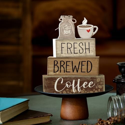 Yuntau 4 Pcs FarmhouseCoffee Bar Decor Wooden Tabletop Block Sign - Image 4