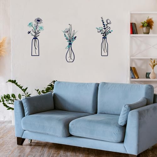 Pigort 3 Pieces Metal Flowers Wall Arts - Rustic Farmhouse Style Décor Metal Wall Art Black Minimalist Flower Natural Themed Wall Decors for Home Bedroom Dining Room Housewarming (Blue) - Image 4